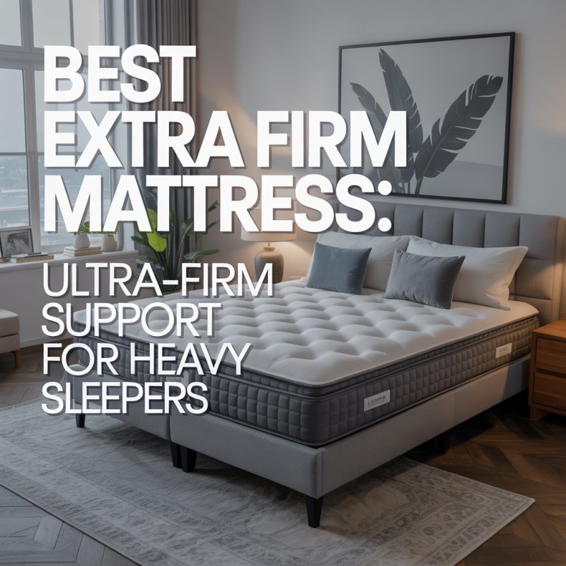 Best Extra Firm Mattress: Ultra-Firm Support for Heavy Sleepers, featuring large modern white text aligned to the left on a realistic background.