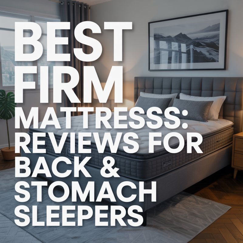 Best Firm Mattress: Reviews for Back & Stomach Sleepers, large modern white text aligned left on a realistic background.