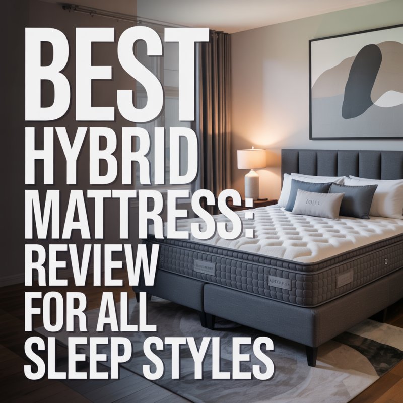 Best Hybrid Mattress: Review for All Sleep Styles in large modern white text aligned to the left on a realistic background.