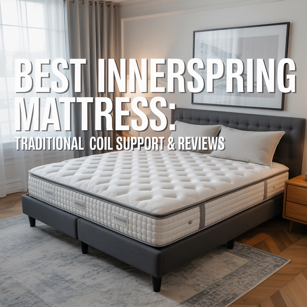 Very Big text overlay aligned left: Best Innerspring Mattress: Traditional Coil Support & Reviews. Big modern white text. No other text.