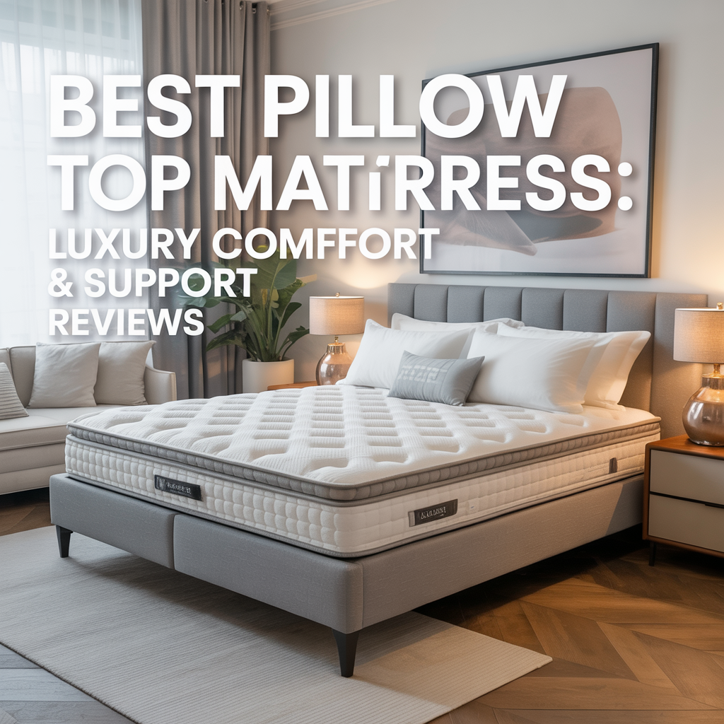 Best Pillow Top Mattress: Luxury Comfort & Support Reviews, featuring large modern white text aligned to the left on a realistic background.